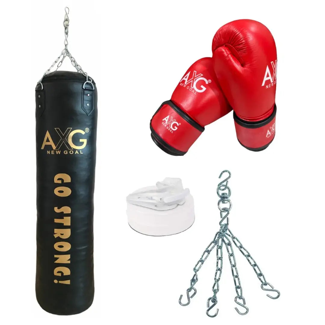 AXG NEW GOAL Pro Unfilled 4ft Punching Bag With Chain, Mouth Guard  Pure Leather Gloves 10oz Boxing Kit
