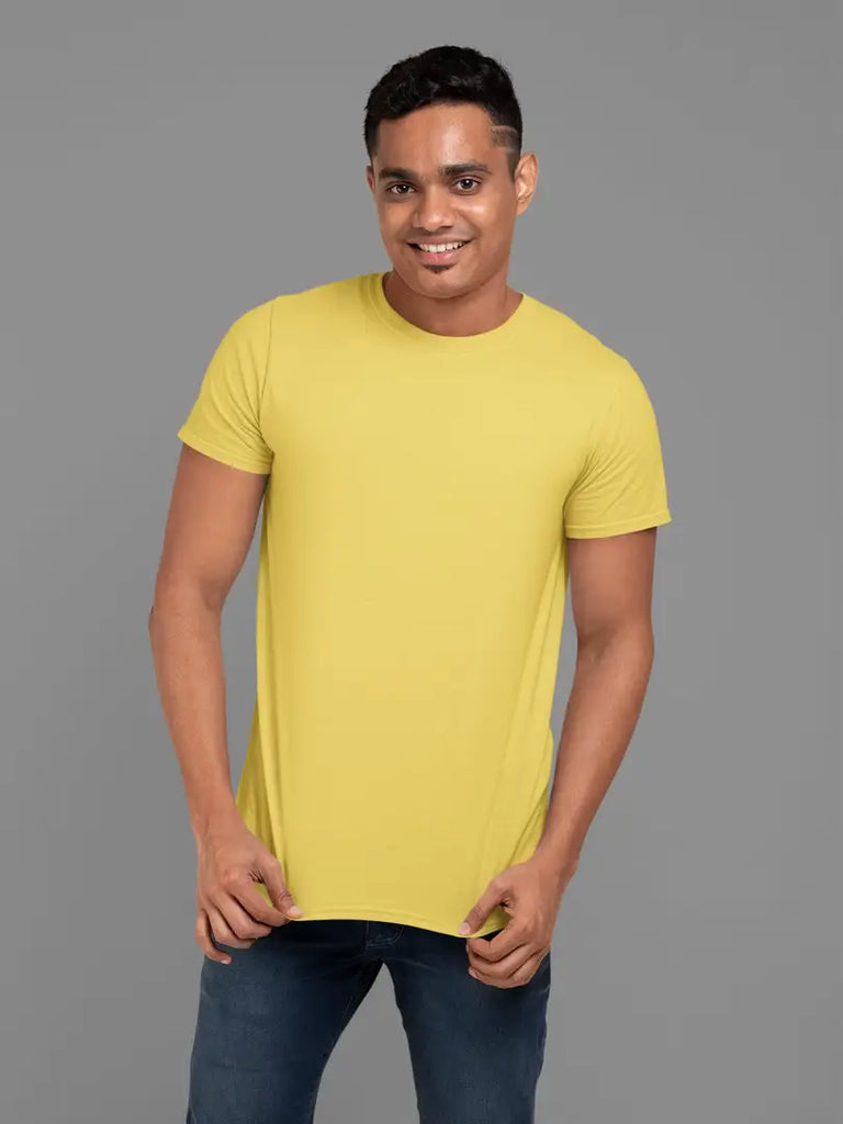 Trendy Cotton Round Neck Half Sleeves Solid Yellow T-shirt For Men