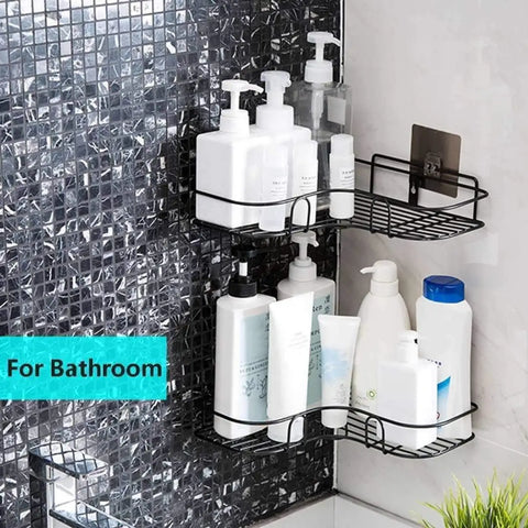 Wall Mounted Stainless Steel Bathroom Shower Shelf Self Adhesive Corner Shower Basket Drilling Storage Rack for Bathroom Bedroom Living Room Kitchen,Black(Set of 2)