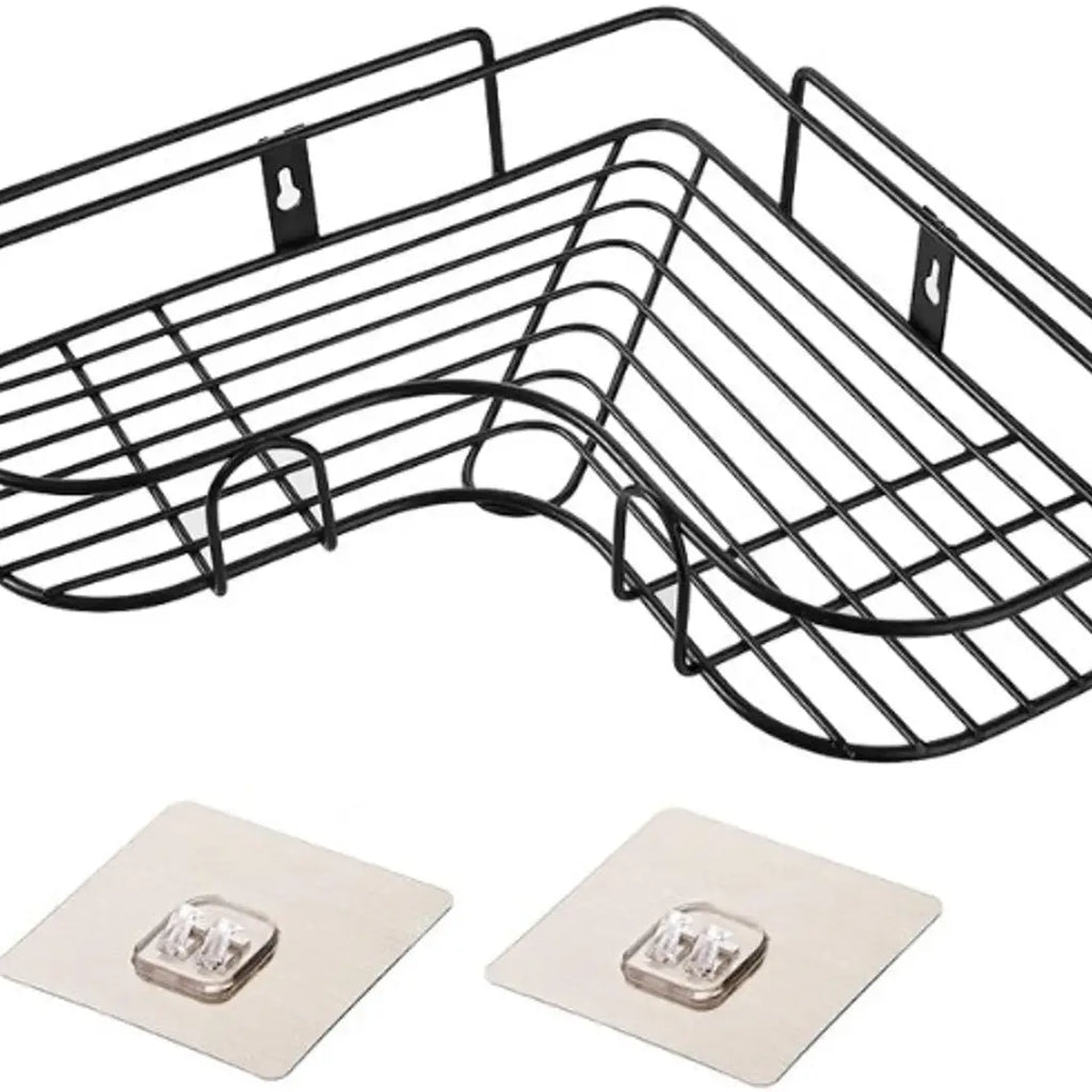 Wall Mounted Stainless Steel Bathroom Shower Shelf Self Adhesive Corner Shower Basket Drilling Storage Rack for Bathroom Bedroom Living Room Kitchen,Black(Set of 1)