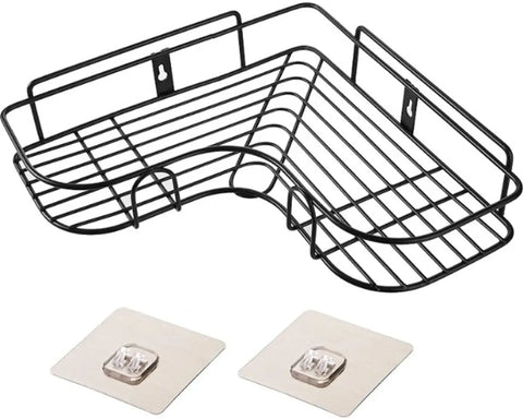 Wall Mounted Stainless Steel Bathroom Shower Shelf Self Adhesive Corner Shower Basket Drilling Storage Rack for Bathroom Bedroom Living Room Kitchen,Black(Set of 1)