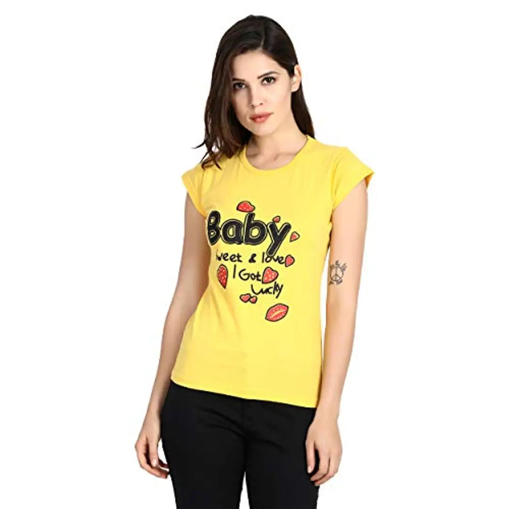 IRANA Women Cotton Printed Round Neck T-Shirt Sizes:-S,M,L,XL Yellow