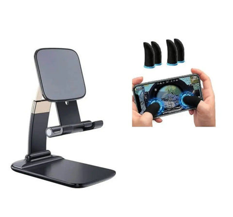 Adjustable and Foldable Desktop Mobile Stand with Pubg Finger Sleeve for gaming 2 Pair
