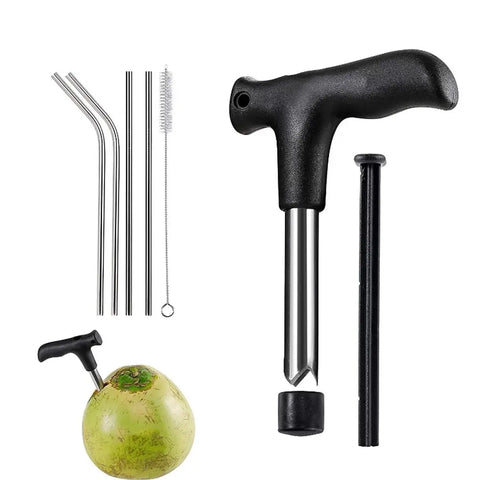 Coconut Opener Cutter Tool with 4 Reusable Straws and Brush Stainless Steel Coconut Opening Tool