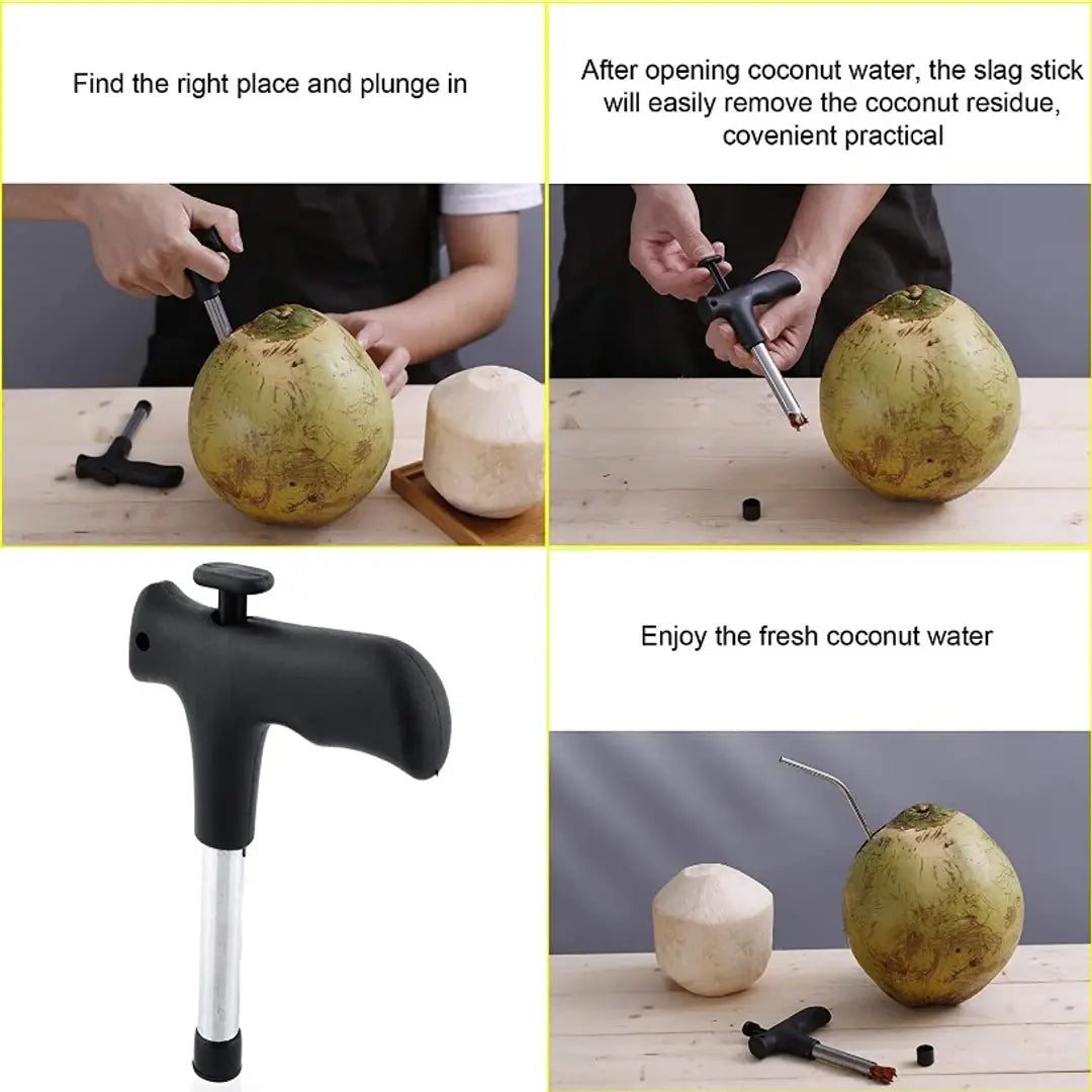 Coconut Opener Cutter Tool with 4 Reusable Straws and Brush Stainless Steel Coconut Opening Tool