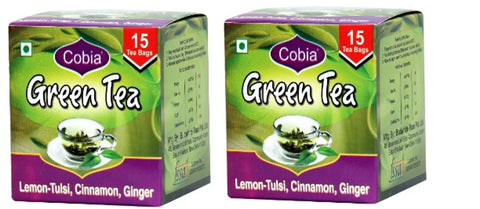 Cobia Green Tea (Lemon-Tulsi, Cinnamon, ginger) 15 Tea Bags Pack of 2