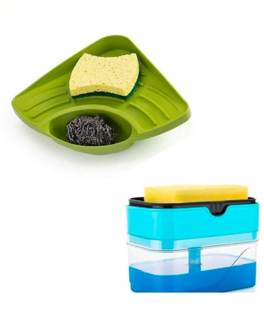 Dishwash Liquid Pump + Sink Corner | Liquid Press Pump Dispenser  Sponge with Creative Useful Multipurpose Must Have Corner Sink Wash Basin Storage Sink Sponge Holder
