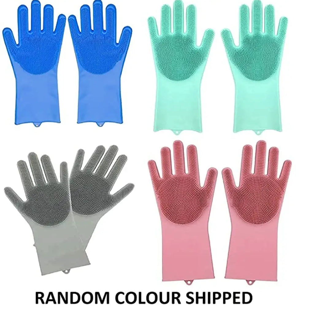 1 Pair Gloves Magic Silicone Dish Washing Gloves, Silicon Cleaning Gloves, Silicon Hand Gloves for Kitchen Dishwashing and Pet Grooming