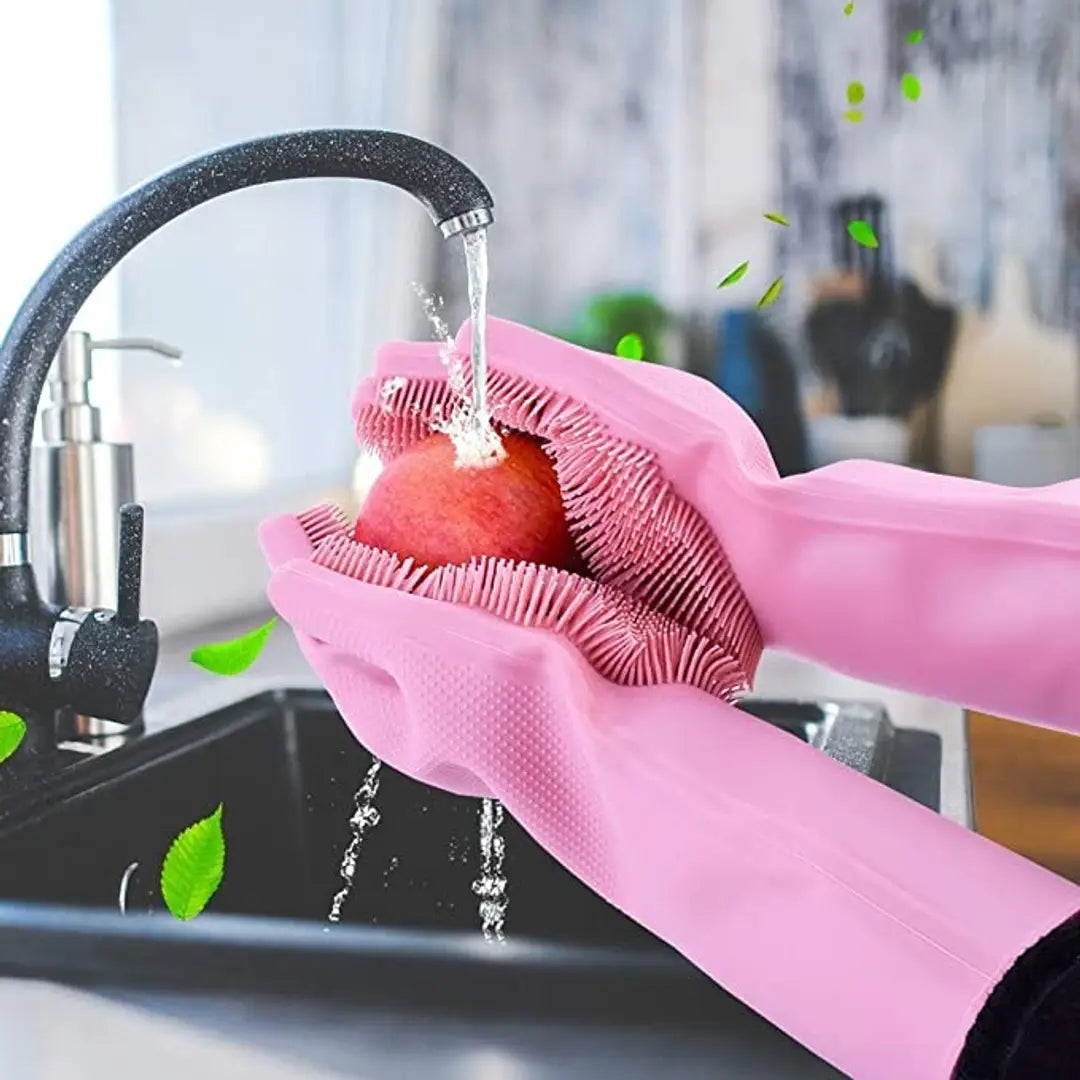 1 Pair Gloves Magic Silicone Dish Washing Gloves, Silicon Cleaning Gloves, Silicon Hand Gloves for Kitchen Dishwashing and Pet Grooming