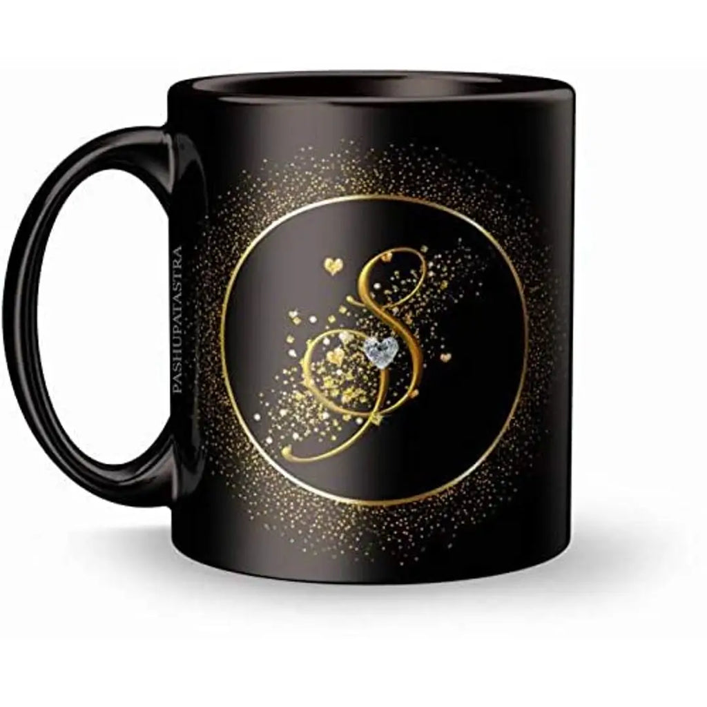 PASHUPATASTRA Birthday Gift Golden Letter S Alphabet for Wife Husband Girlfriend Boyfriend on Birthday Love Valentines Day and Anniversary Patch Mug Black Ceramic Coffee Mug 330ml