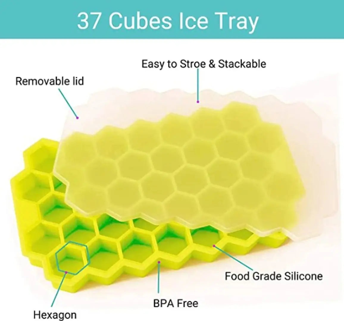 1 Pcs Multicolor Ice Cube Tray with Silicon Ice Mold Trays Flexible Silicone Honeycomb Design 37 Cavity Ice Cube Tray with Lid