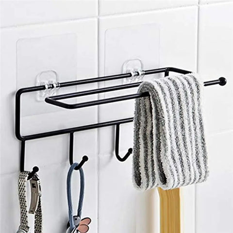 Multi Functional Self Adhesive 3 in 1 Kitchen Tissue Paper Iron Stand, Tissue, Foil Paper Holder for Kitchen and Bathroom with 4 Hooks for Clothes, Keys, and Accessories Hanging No Drilling