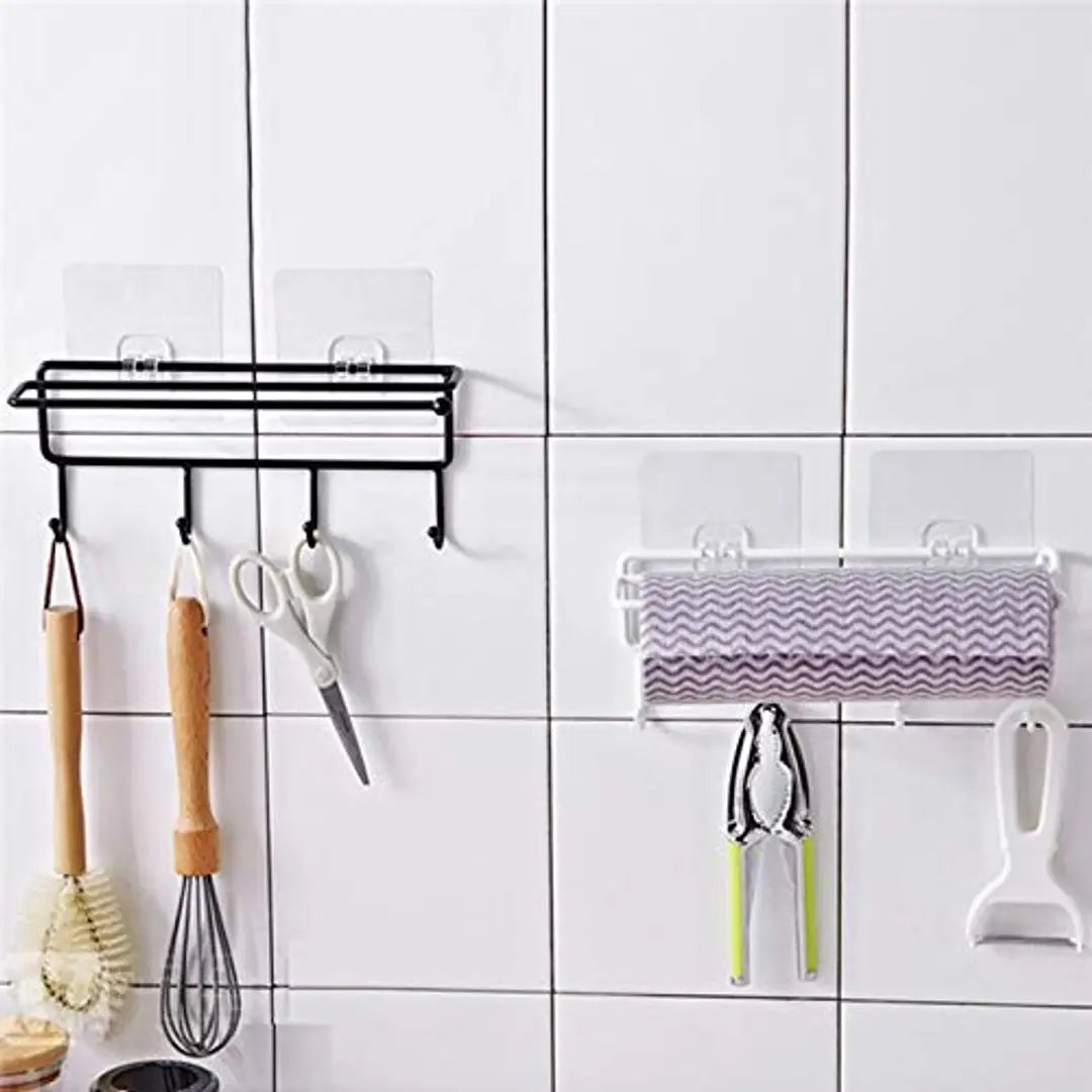 Multi Functional Self Adhesive 3 in 1 Kitchen Tissue Paper Iron Stand, Tissue, Foil Paper Holder for Kitchen and Bathroom with 4 Hooks for Clothes, Keys, and Accessories Hanging No Drilling