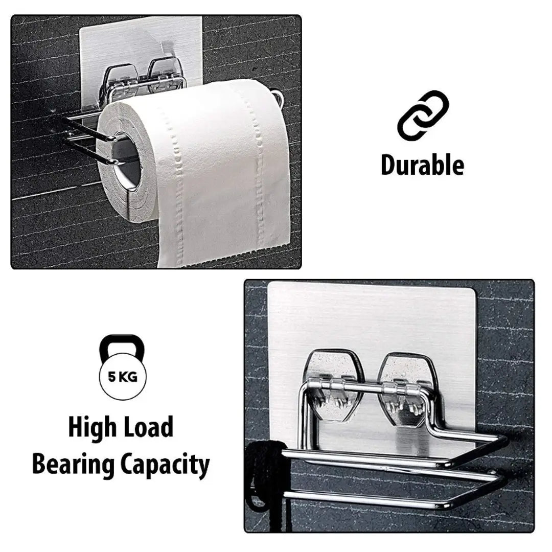 Shelf Adhesive Wall Mounted Stainless Steel No Drill Self Adhesive Toilet Paper Holder/Tissue Paper Roll Holder/Bathroom Rack for Kitchen/Towel Holder (Size- Medium, Load Capacity-5 Kg)