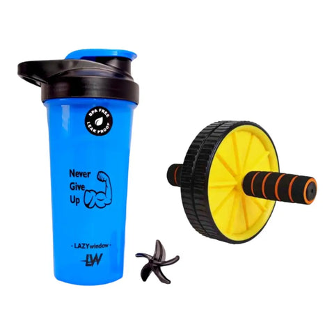 Premium Plastic Gym Shaker Bottle 600ml And Anti Skid Double Wheel AB Roller for Abs Workout