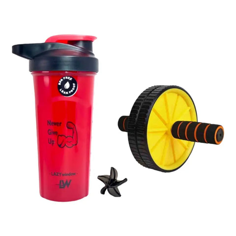 Premium Plastic Gym Shaker Bottle 600ml And Anti Skid Double Wheel AB Roller for Abs Workout