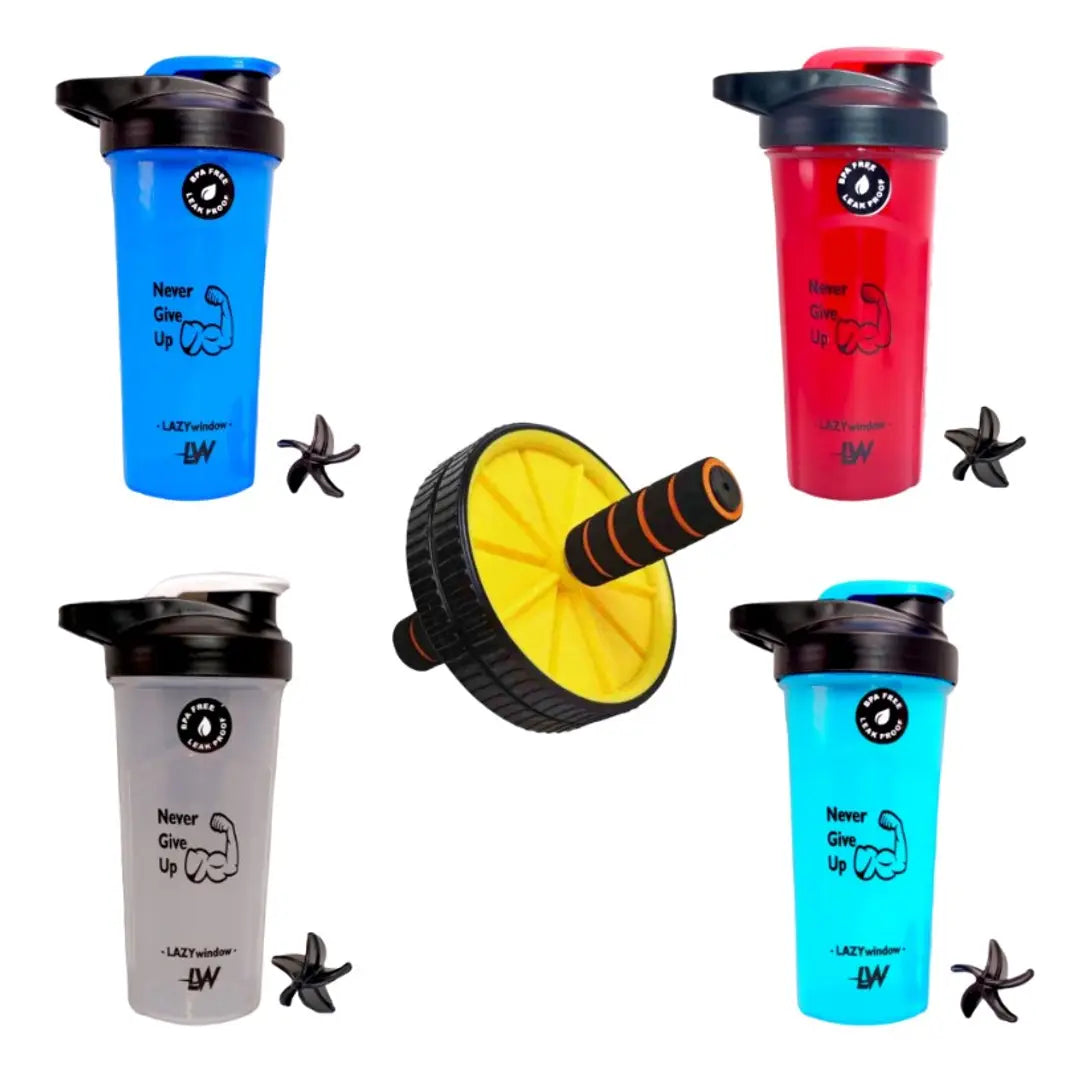 Premium Plastic Gym Shaker Bottle 600ml And Anti Skid Double Wheel AB Roller for Abs Workout