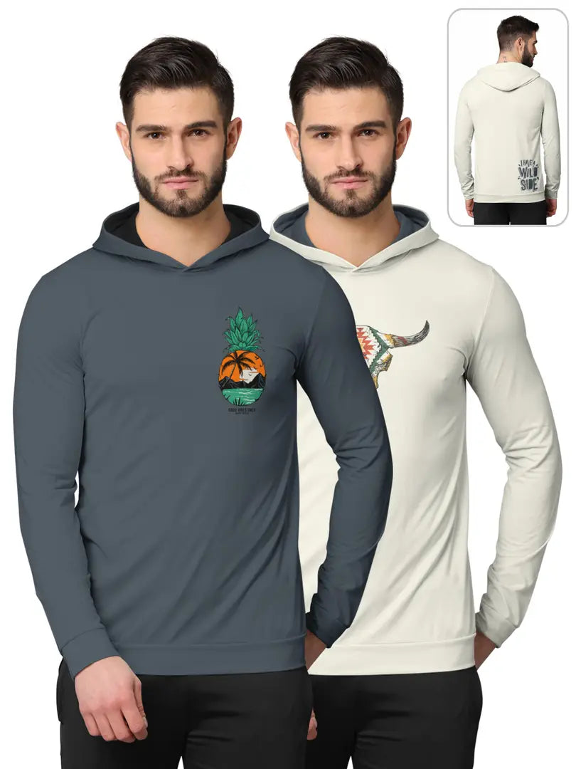 Stylish Fancy Cotton Blend Hood Long Sleeves Printed Sweatshirts Combo For Men Pack Of 2