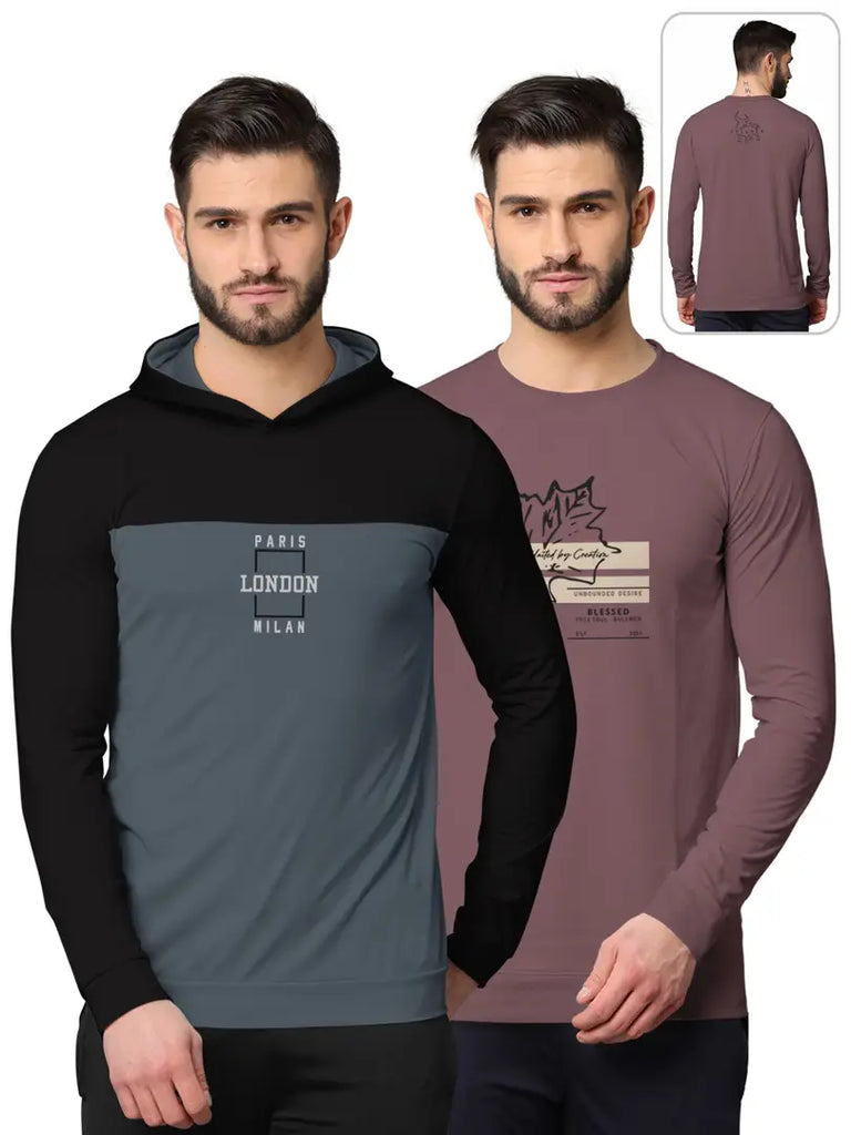Stylish Fancy Cotton Blend Hood Long Sleeves Printed Sweatshirts Combo For Men Pack Of 2