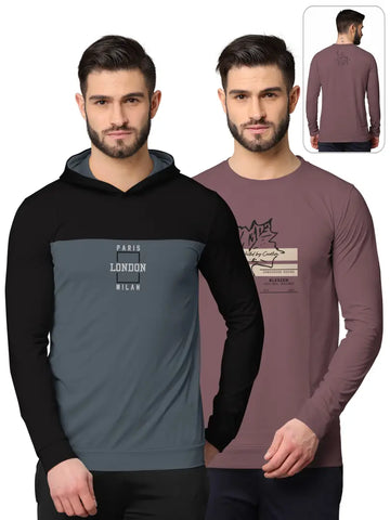 Stylish Fancy Cotton Blend Hood Long Sleeves Printed Sweatshirts Combo For Men Pack Of 2