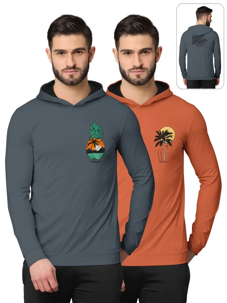 Stylish Fancy Cotton Blend Hood Long Sleeves Printed Sweatshirts Combo For Men Pack Of 2