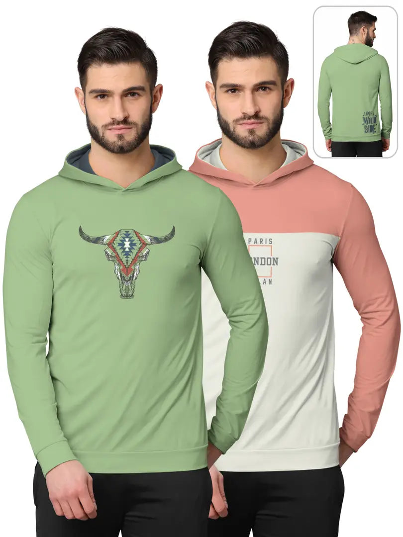 Stylish Fancy Cotton Blend Hood Long Sleeves Printed Sweatshirts Combo For Men Pack Of 2