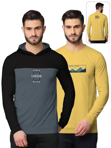 Stylish Fancy Cotton Blend Hood Long Sleeves Printed Sweatshirts Combo For Men Pack Of 2