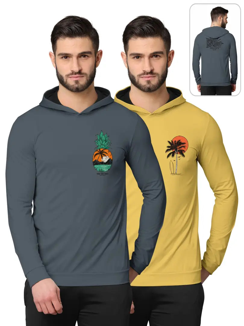 Stylish Fancy Cotton Blend Hood Long Sleeves Printed Sweatshirts Combo For Men Pack Of 2