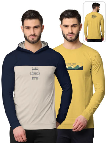 Stylish Fancy Cotton Blend Hood Long Sleeves Printed Sweatshirts Combo For Men Pack Of 2