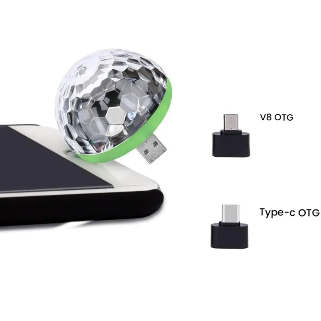 icall present New Combo USB Party Lights Mini Disco Ball,Led Small Magic Ball Sound Control DJ Stage Light Colorful Strobe RGB Lamp With Type-C And V8 OTG Adaptor for Android Mobile  Christmas etc.