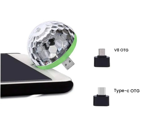 icall present New Combo USB Party Lights Mini Disco Ball,Led Small Magic Ball Sound Control DJ Stage Light Colorful Strobe RGB Lamp With Type-C And V8 OTG Adaptor for Android Mobile  Christmas etc.