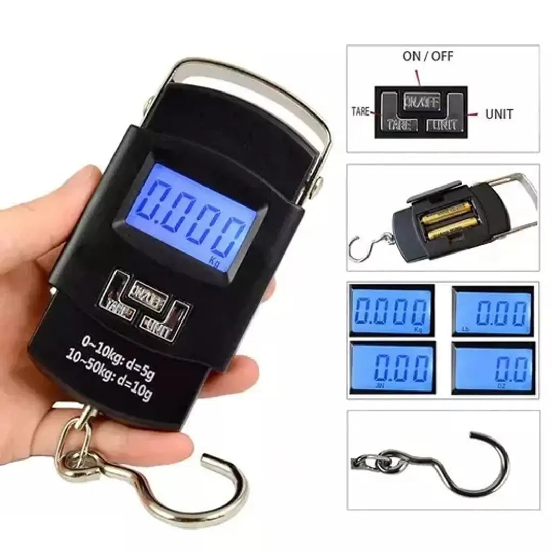 Electronic Digital Weighing Hanging Stainless Steel Hook Luggage Portable Scale with LCD Display for Industrial Fishing Factory Use Capacity 50Kg (Black)