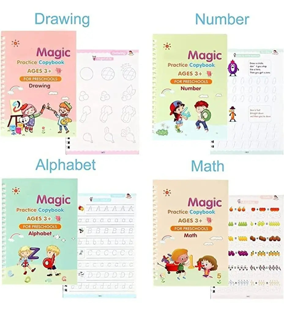 Sank Magic Practice Copybook, Number Tracing Book for Preschoolers with Pen, Magic Calligraphy Copybook Set Practical Reusable Writing Tool Simple Hand Lettering (4 BOOK + 10 REFILL+ 2 Pen +2 Grip)
