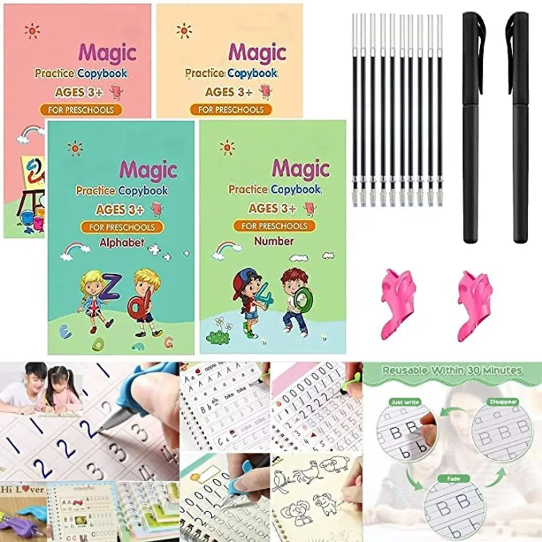 Sank Magic Practice Copybook, Number Tracing Book for Preschoolers with Pen, Magic Calligraphy Copybook Set Practical Reusable Writing Tool Simple Hand Lettering (4 BOOK + 10 REFILL+ 2 Pen +2 Grip)