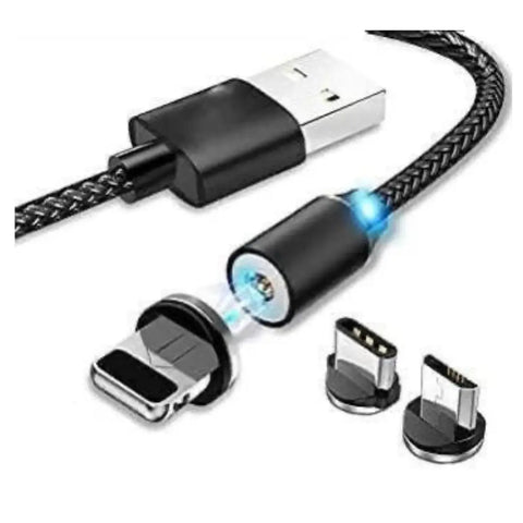 MT Magnetic Charging Cable 1 m 3 in 1 Magnet Data Cable with Magnetic cable 1 m Magnetic Charging  (Compatible with Micro USB, Type C, iOS, Black, One Cable)