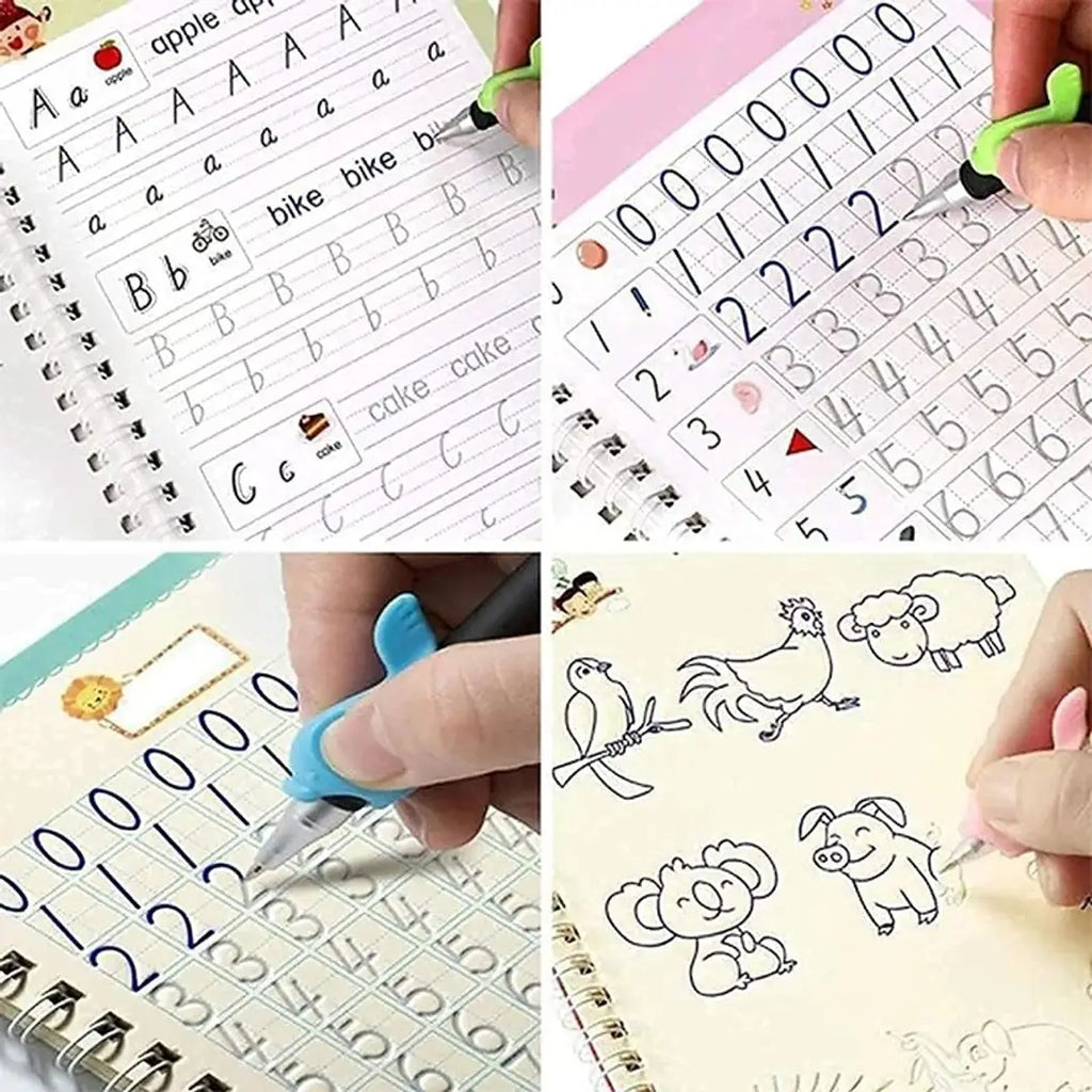 Magic Practice Copybook, Number Tracing Book for Preschoolers with Pen, Magic Calligraphy Copybook Set Practical Reusable Writing Tool Simple Hand Lettering (4 BOOK + 10 REFILL+ 2 Pen +2 Grip)