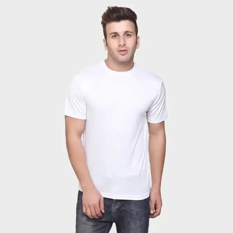 Dri Fit Polyester Half Sleeve Men Solid Round Neck White T-Shirt
