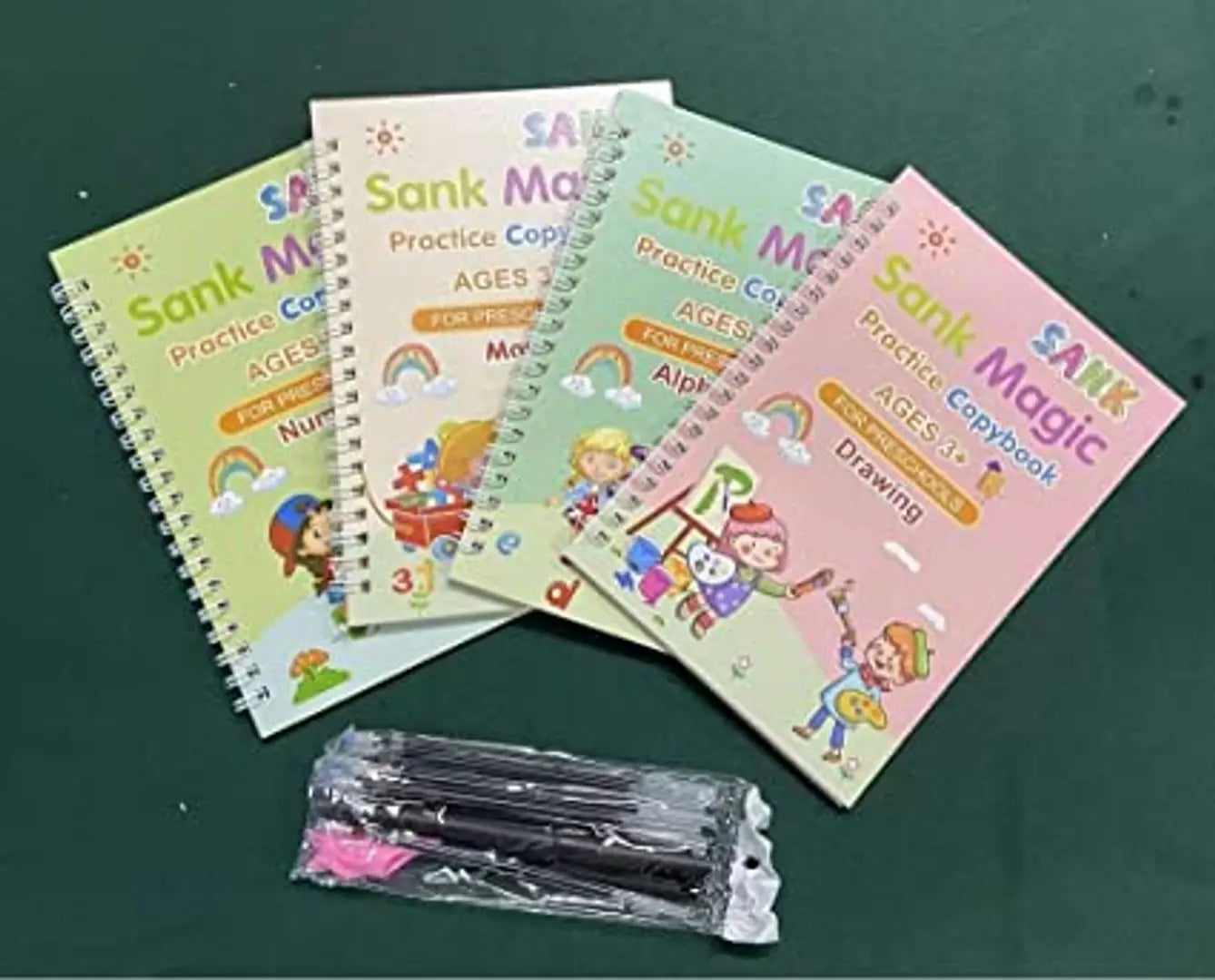 Sank Magic Practice Copybook, Number Tracing Book for Preschoolers with Pen, Magic Calligraphy Copybook Set Practical Reusable Writing Tool Simple Hand Lettering (4 BOOK + 10 REFILL+ 2 Pen +2 Grip)