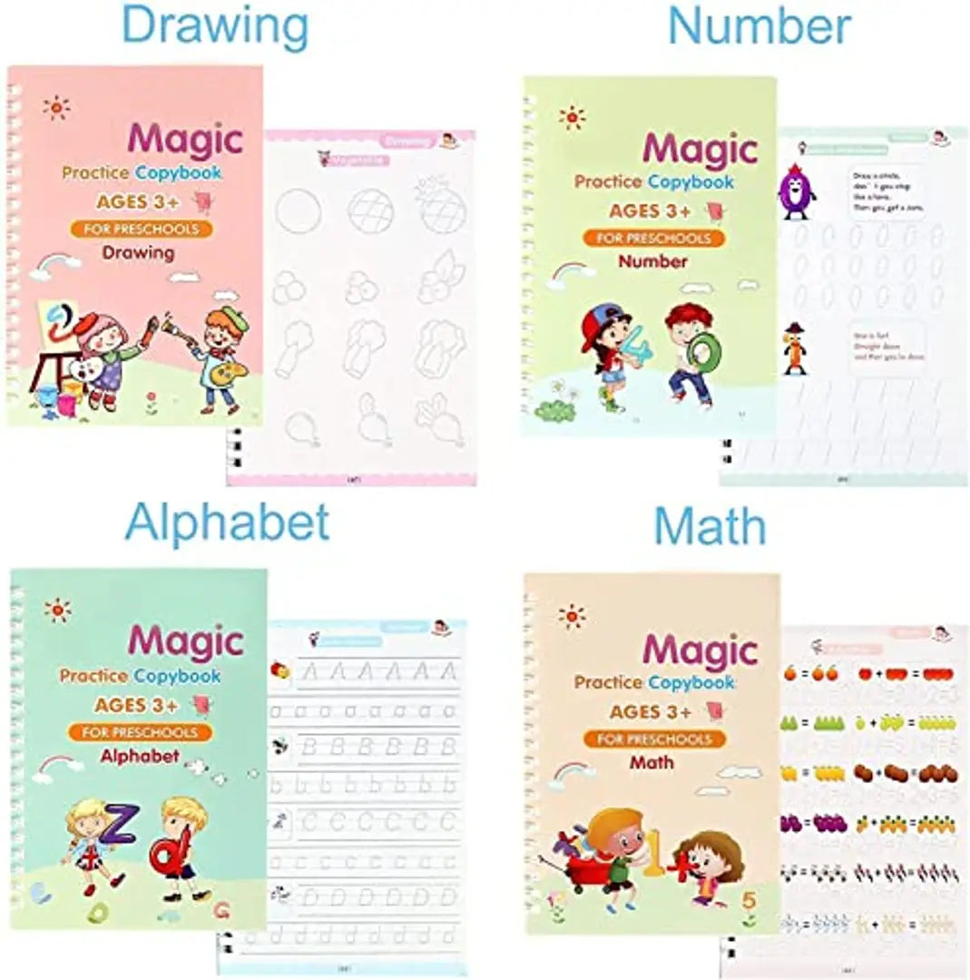 Sank Magic Practice Copybook, Number Tracing Book for Preschoolers with Pen, Magic Calligraphy Copybook Set Practical Reusable Writing Tool Simple Hand Lettering (4 BOOK + 10 REFILL+ 2 Pen +2 Grip)