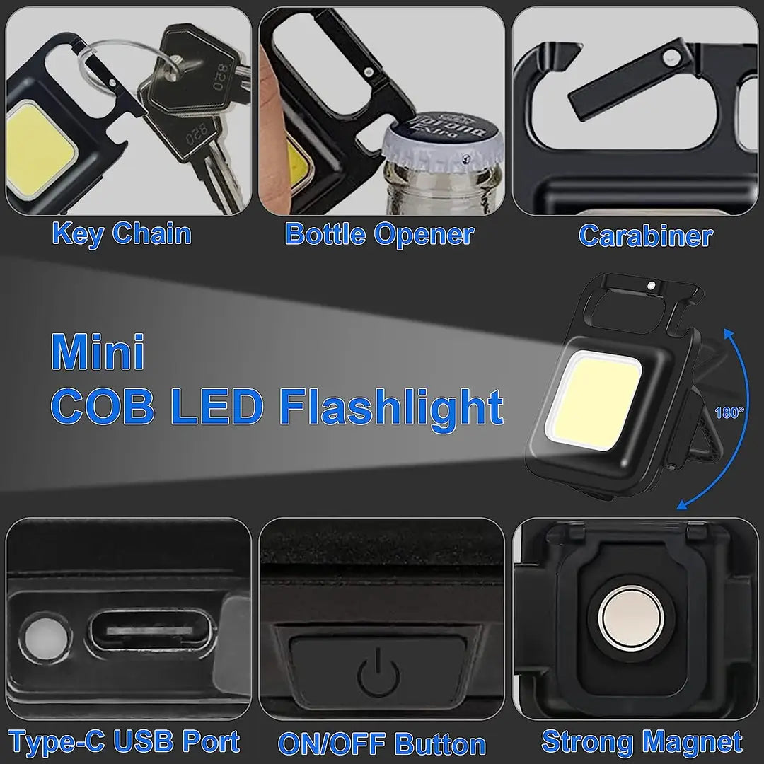 COB Mini Keychain Flashlight 1000 Lumens - Rechargeable Emergency LED Light with Folding Bracket, Bottle Opener,Fishing, Walking, Camping