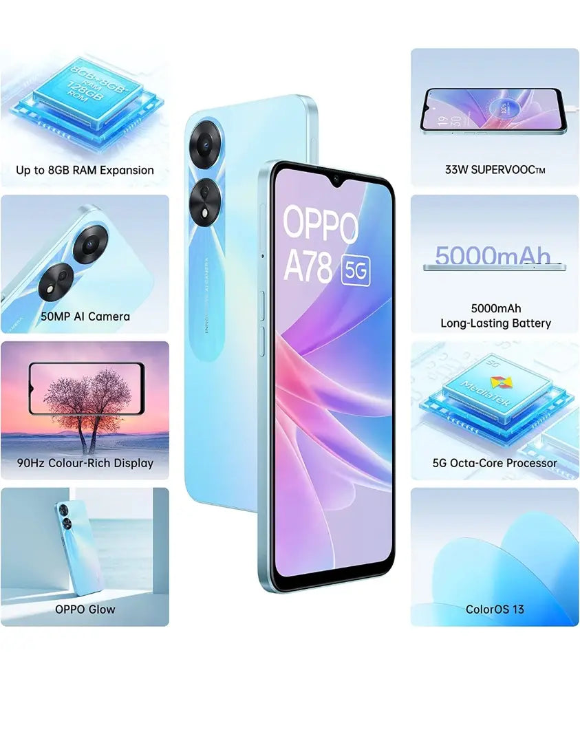 Oppo A78 5G (Glowing Blue, 8GB RAM, 128 Storage) | 5000 mAh Battery with 33W SUPERVOOC Charger| 50MP AI Camera | 90Hz Refresh Rate