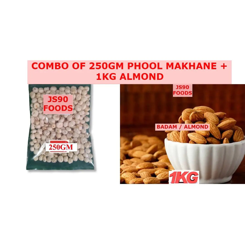 TOTAL WEIGHT 1.25KG  COMBO OF  (250GM PHOOL MAKHANE , PHOOL MAKHANA , FOX NUTS)+(1KG BADAM ALMOND) JS90 FOODS