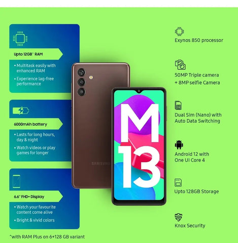 Samsung Galaxy M13 (Aqua Green, 6GB, 128GB Storage) | 6000mAh Battery | Upto 12GB RAM with RAM Plus