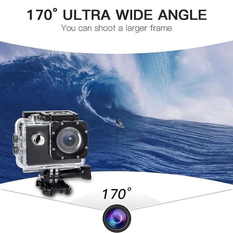 Ultra Wide Angle Action Camera 4K 60FPS with Touch Screen, EIS 170 deg; , 40m Waterproof Underwater Camera, R-Control Sports Camera - Black.