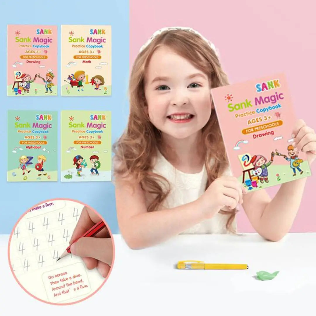 Sank Magic Practice Copybook, Number Tracing Book for Preschoolers with Pen, Magic Calligraphy Copybook Set Practical, Reusable, Writing Tool Simple Hand Lettering (4 BOOK + 10 REFILL+ 1 Pen +1 Grip)