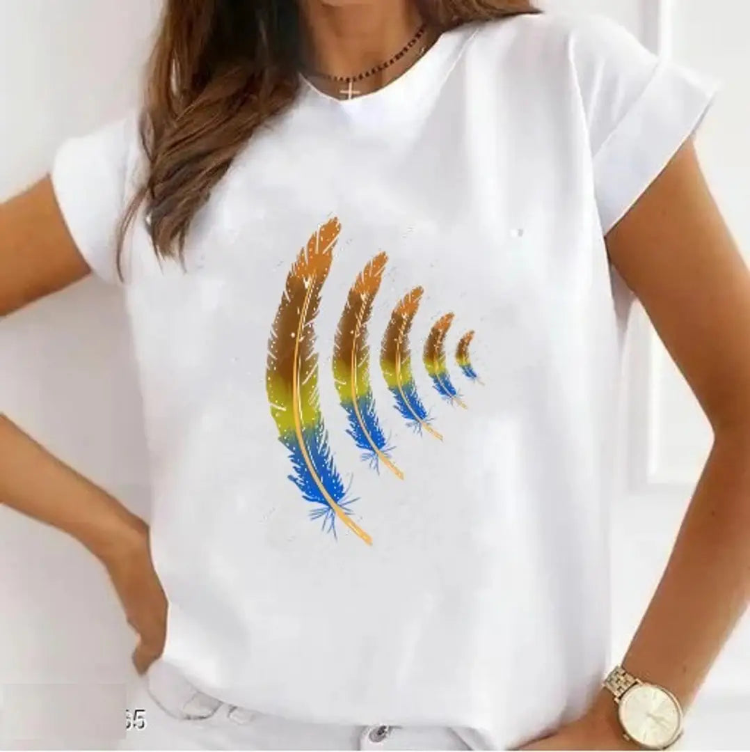 Printed Round Neck White T-Shirt For Women's