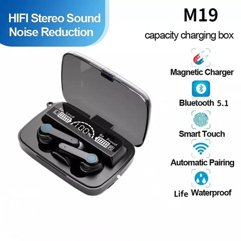 PODS M 19 Wireless Bluetooth Earbuds TWS Mirror Surface Touch Control Digital Display Headphones