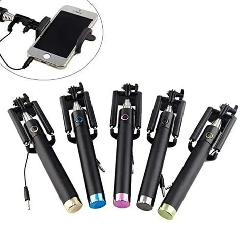 Compact Wired Monopod Extendable Selfie Stick with AUX Wire Built-in Remote Pocket Size Selfie Stick