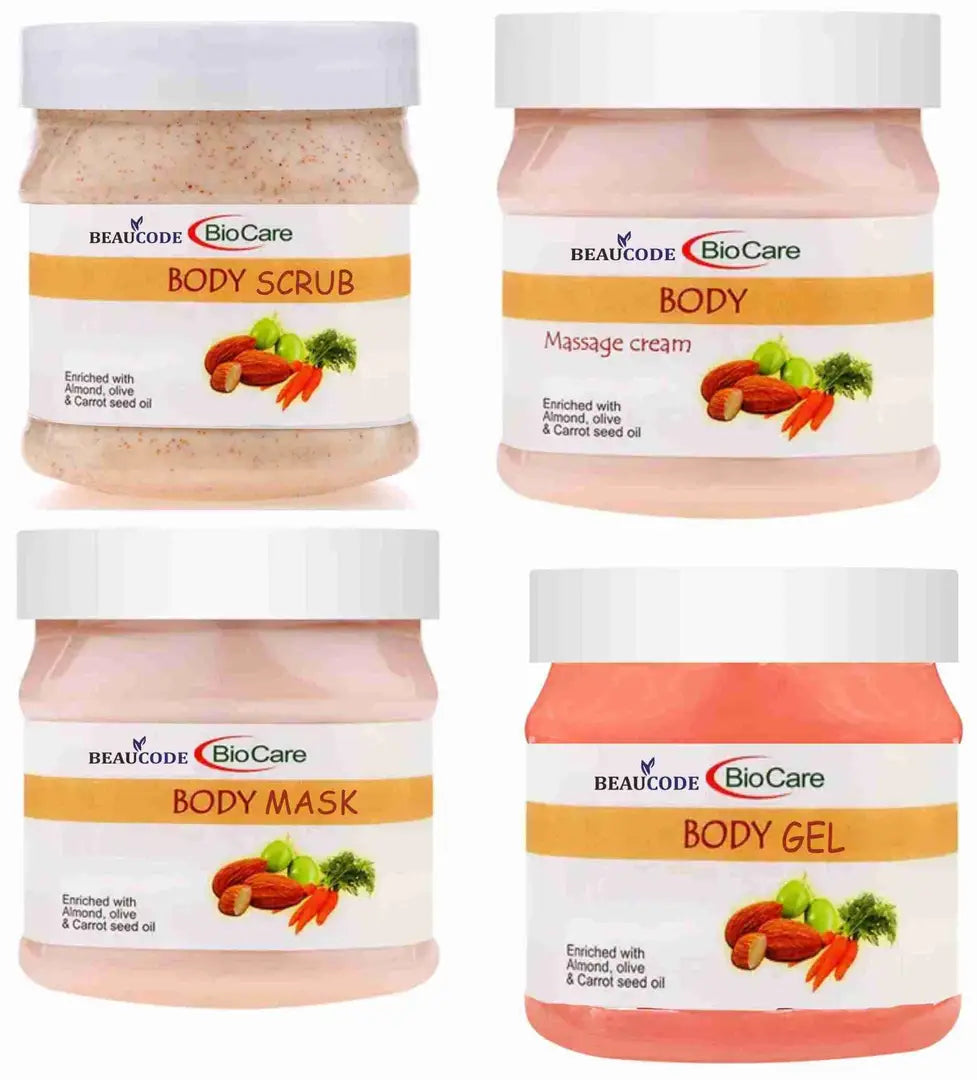 BEAUCODE BioCare Body  scrub+gel+mask+cream For Face  Body Women+Men+Bridal, Facial Kit, Hydrate+Moisturizing Gel(No Paraben, No SLS, Curelty Free, 100% Vegan) For All Skin 250g-4pc
