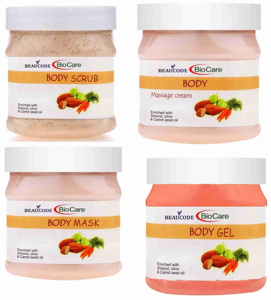 BEAUCODE BioCare Body  scrub+gel+mask+cream For Face  Body Women+Men+Bridal, Facial Kit, Hydrate+Moisturizing Gel(No Paraben, No SLS, Curelty Free, 100% Vegan) For All Skin 250g-4pc